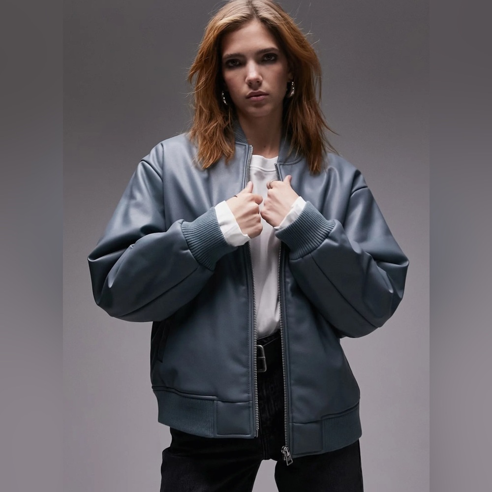 Topshop Blue Faux Leather Bomber Jacket Large